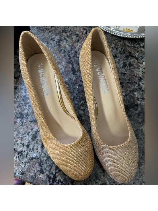 Shoes - OGNINA Gold Glitter Low Heel Pumps Women's Size 225